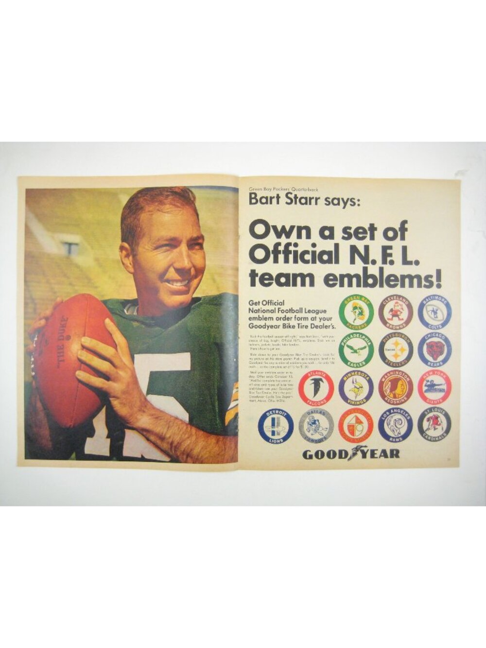 Vintage 1960s Goodyear NFL Team Emblems Print Ad Centerfold Bart Starr Green Bay